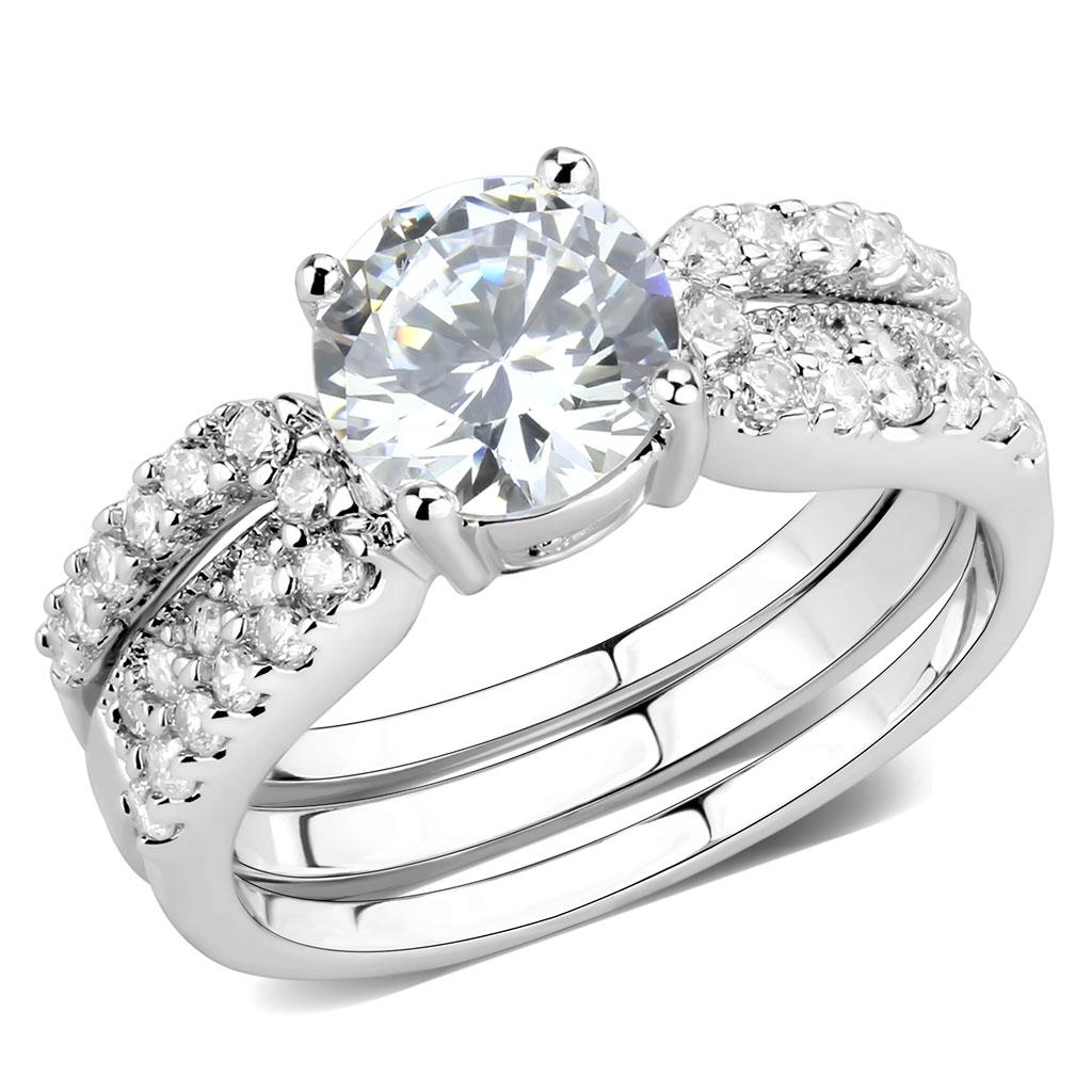 3W1554 Rhodium Brass Ring with AAA Grade CZ in Clear - Joyeria Lady