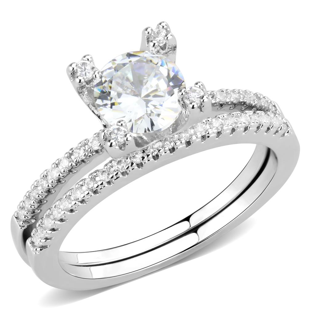 3W1589 Rhodium Brass Ring with AAA Grade CZ in Clear - Joyeria Lady