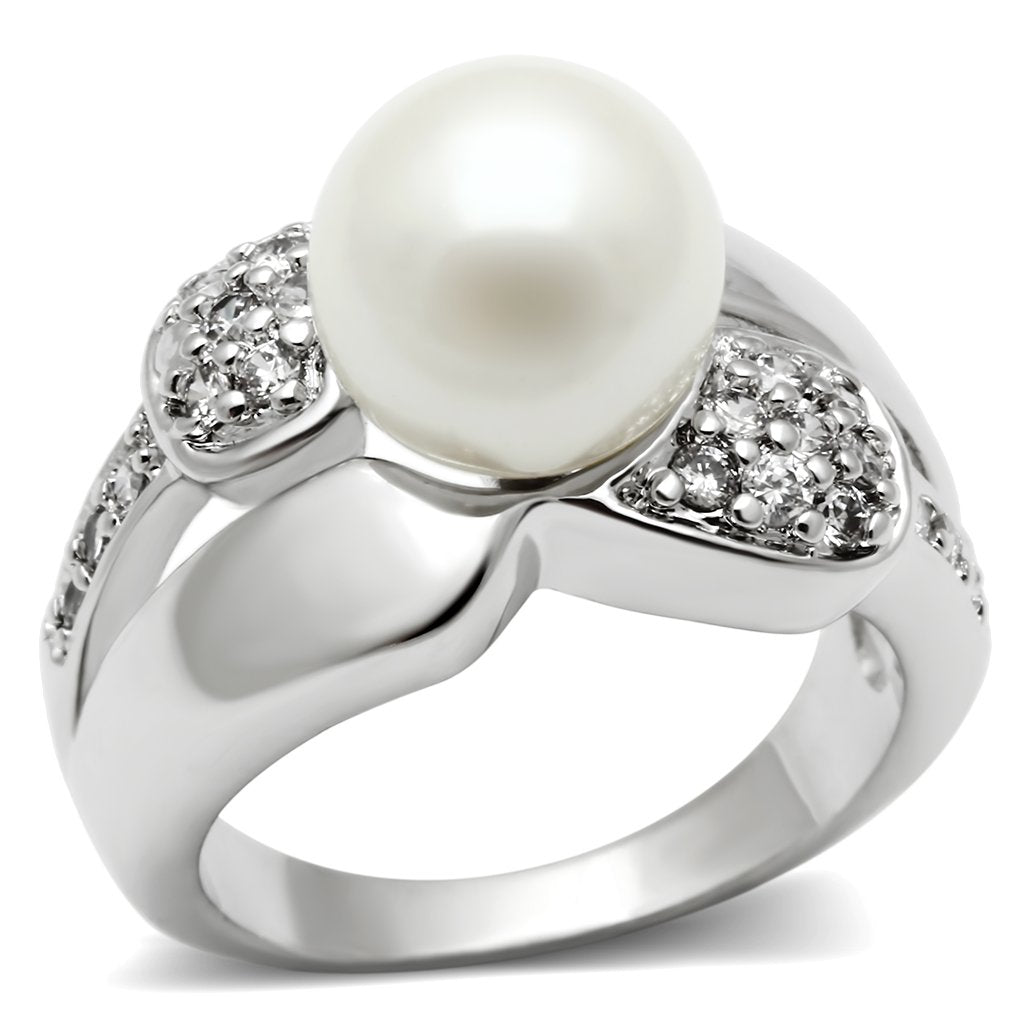 3W182 Rhodium Brass Ring with Synthetic in White - Joyeria Lady