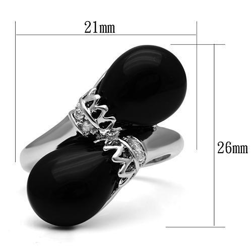 3W195 Rhodium Brass Ring with Semi-Precious in Jet - Joyeria Lady