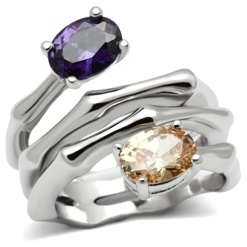 3W224 Rhodium Brass Ring with AAA Grade CZ in Multi Color - Joyeria Lady