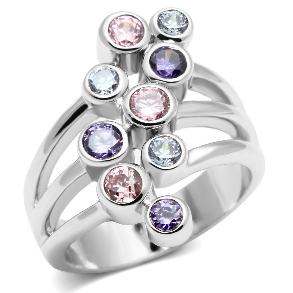 3W290 Rhodium Brass Ring with AAA Grade CZ in Multi Color - Joyeria Lady