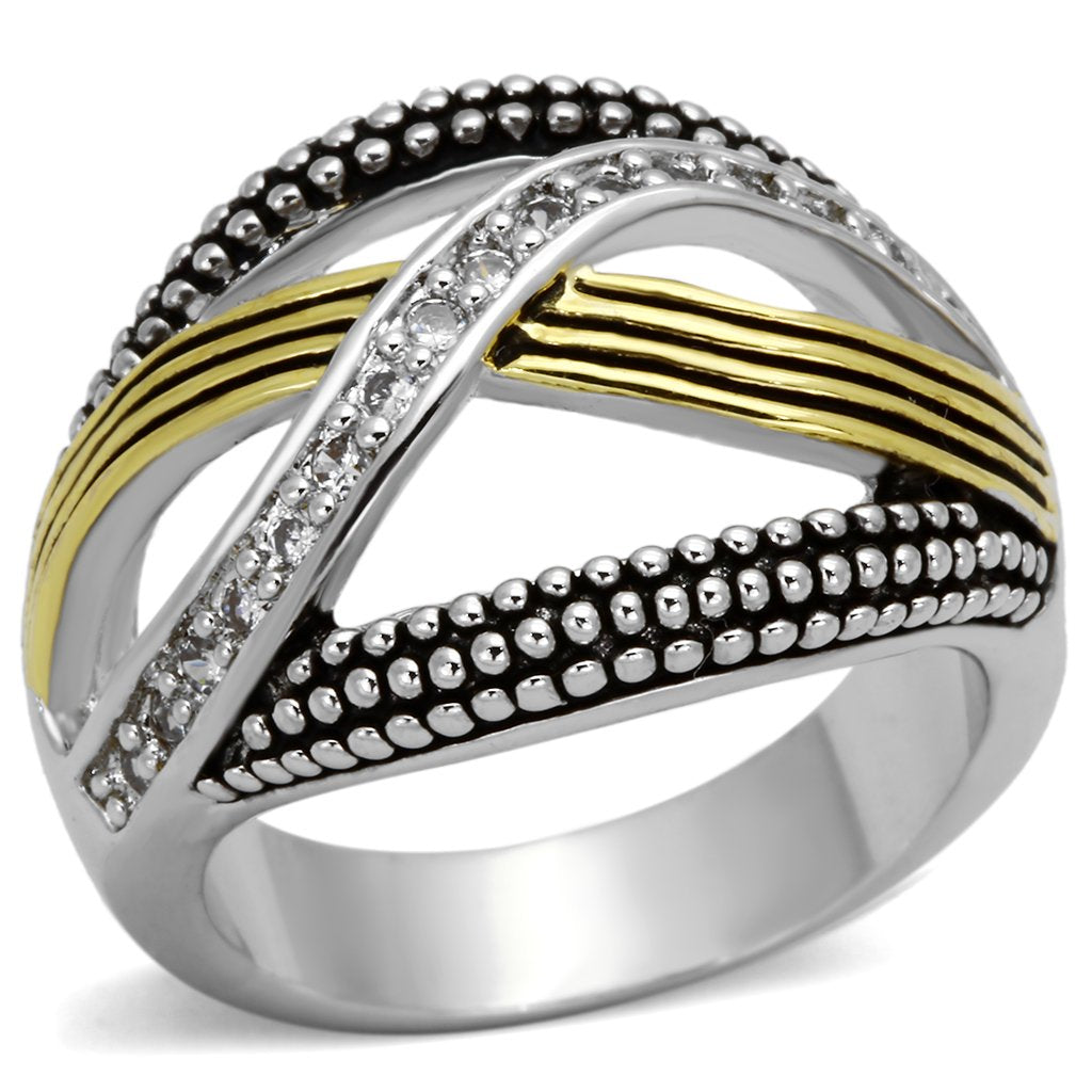 3W305 Reverse Two-Tone Brass Ring with AAA Grade CZ in Clear - Joyeria Lady