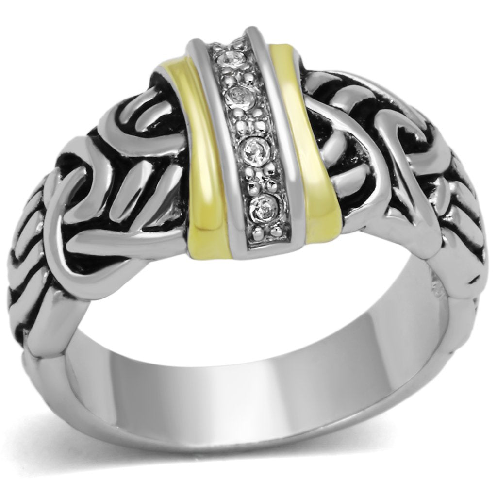 3W327 Reverse Two-Tone Brass Ring with Top Grade Crystal in Clear - Joyeria Lady