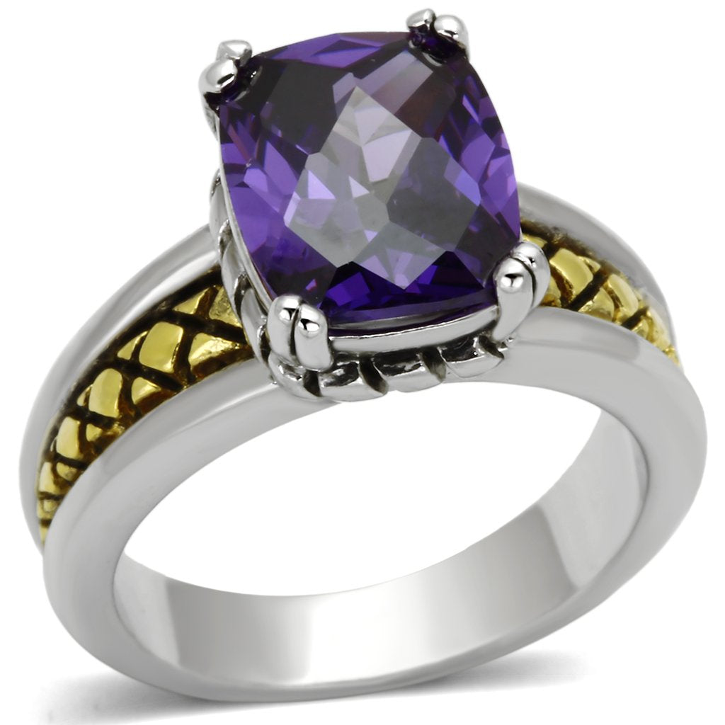 3W331 Reverse Two-Tone Brass Ring with AAA Grade CZ in Amethyst - Joyeria Lady