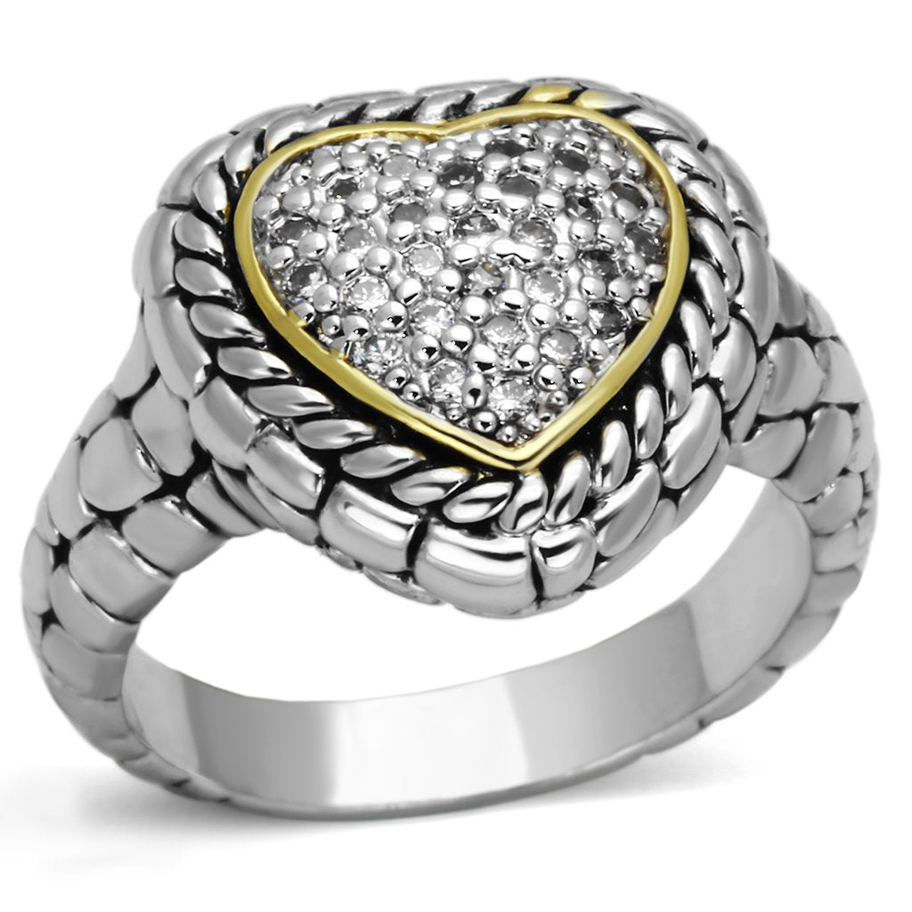 3W333 Reverse Two-Tone Brass Ring with AAA Grade CZ in Clear - Joyeria Lady