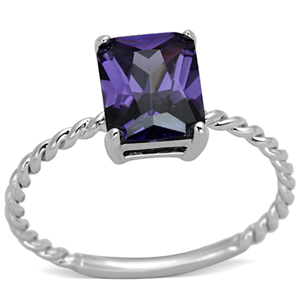 3W498 Rhodium Brass Ring with AAA Grade CZ in Amethyst - Joyeria Lady