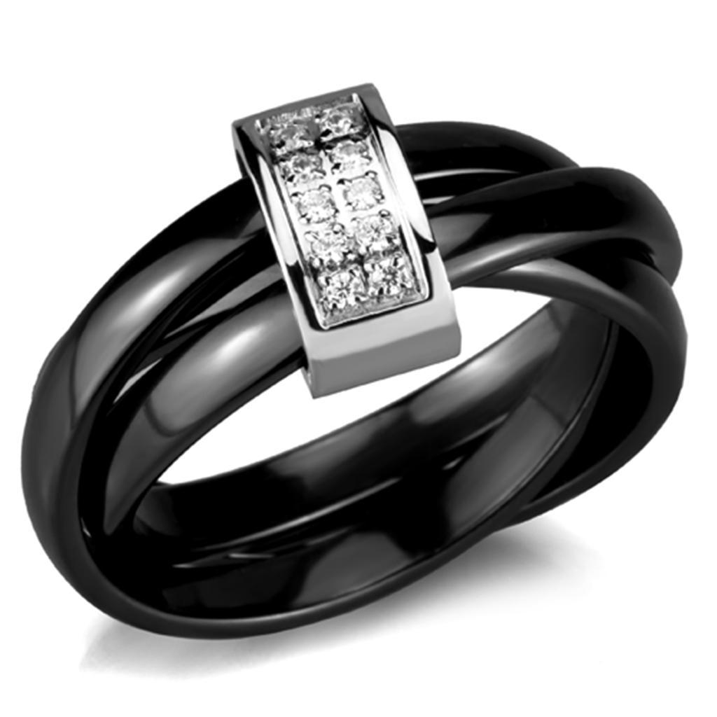 3W950 - High polished (no plating) Stainless Steel Ring with Ceramic  in Jet - Joyeria Lady