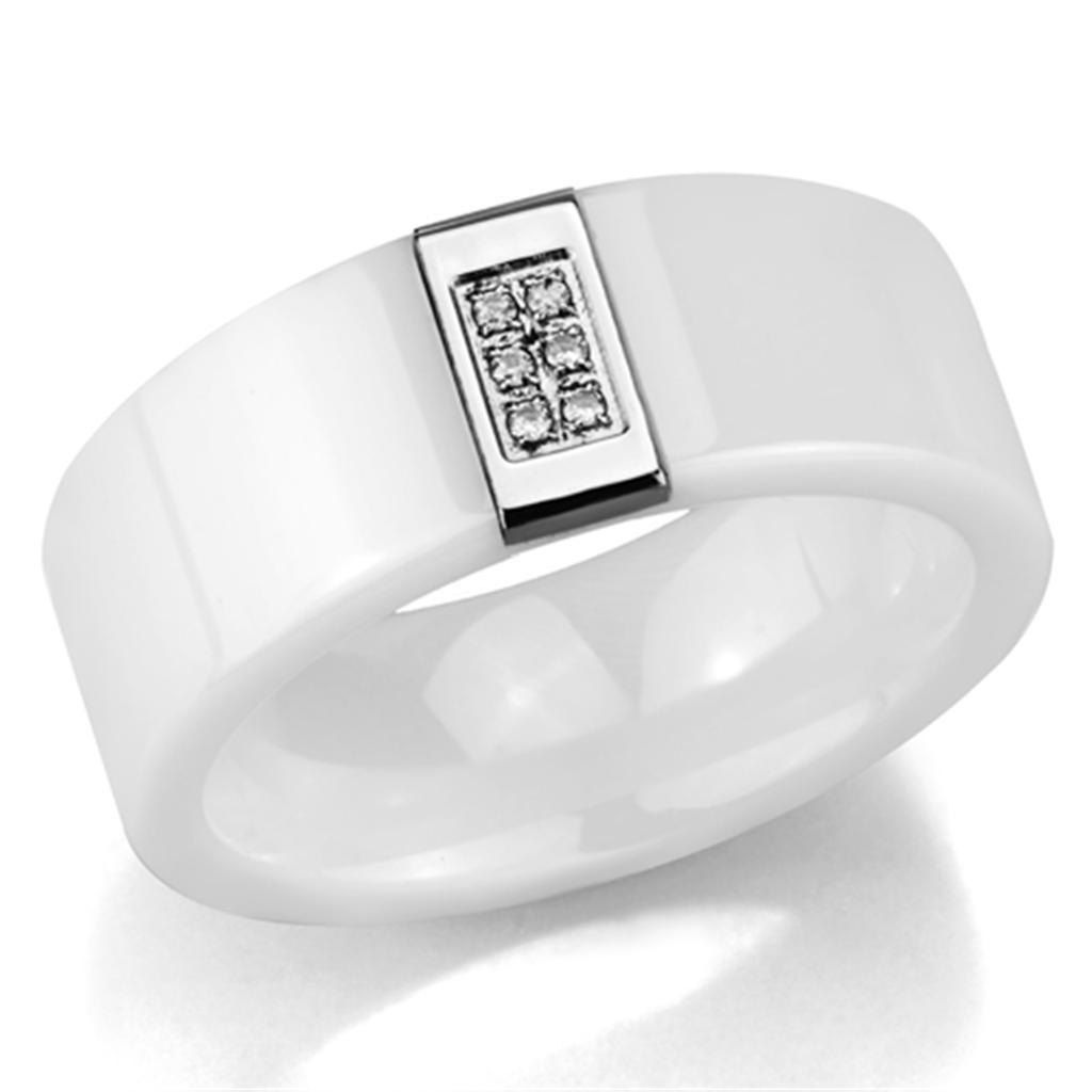 3W952 - High polished (no plating) Stainless Steel Ring with Ceramic  in White - Joyeria Lady