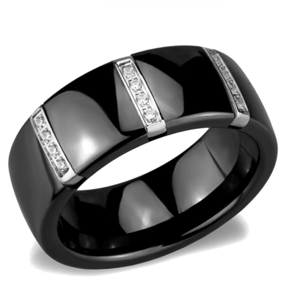 3W956 - High polished (no plating) Stainless Steel Ring with Ceramic  in Jet - Joyeria Lady