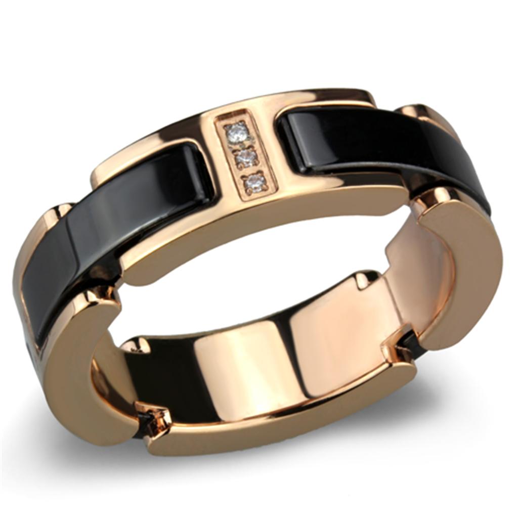 3W964 - IP Rose Gold(Ion Plating) Stainless Steel Ring with Ceramic  in Jet - Joyeria Lady