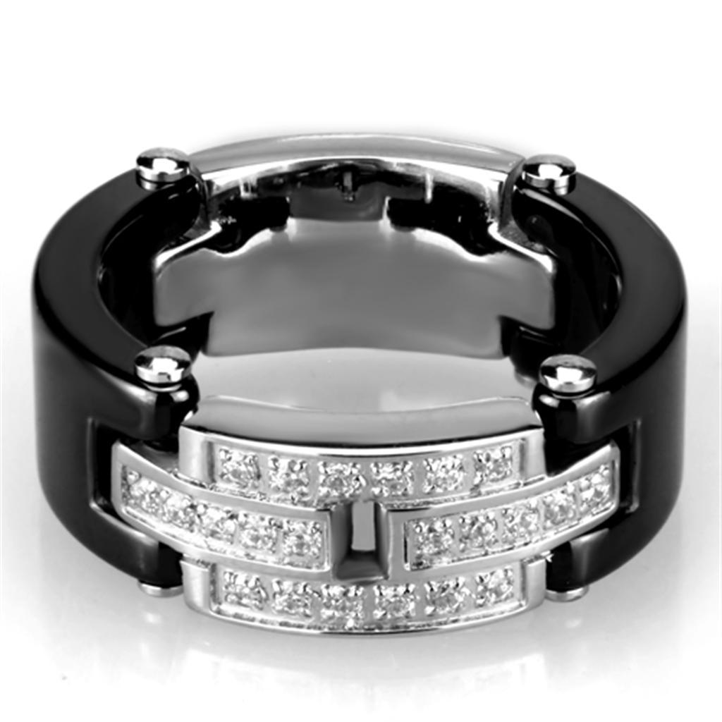 3W976 - High polished (no plating) Stainless Steel Ring with Ceramic  in Jet - Joyeria Lady