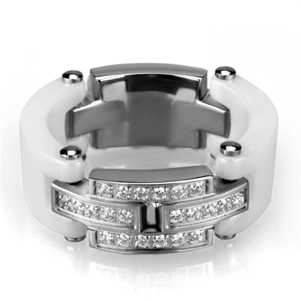 3W977 - High polished (no plating) Stainless Steel Ring with Ceramic  in White - Joyeria Lady