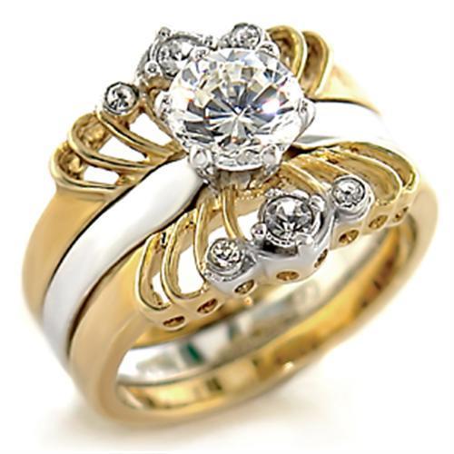 44710 Gold+Rhodium Brass Ring with AAA Grade CZ in Clear - Joyeria Lady