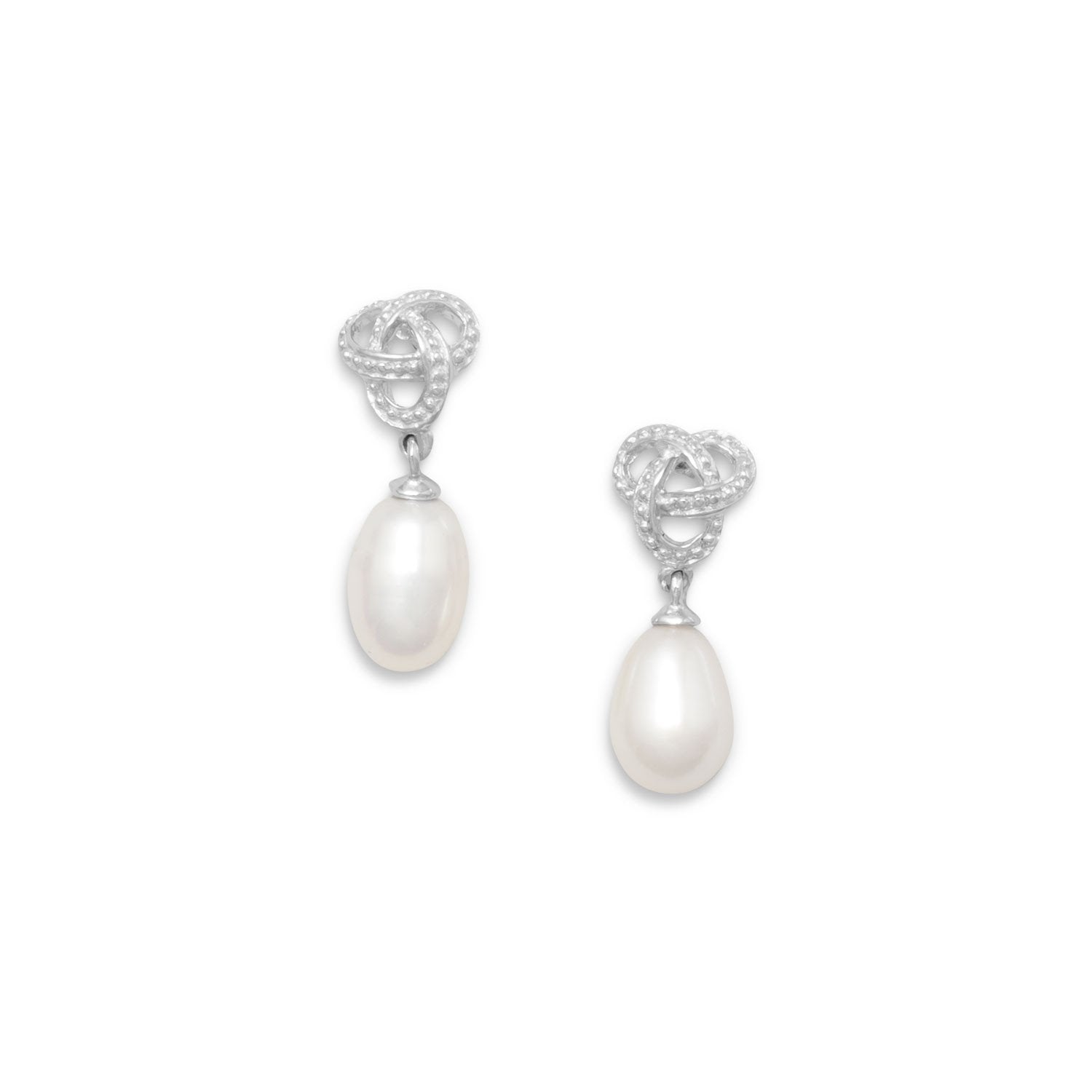 Rhodium Plated Love Knot Earrings with Cultured Freshwater Pearl Drop - Joyeria Lady