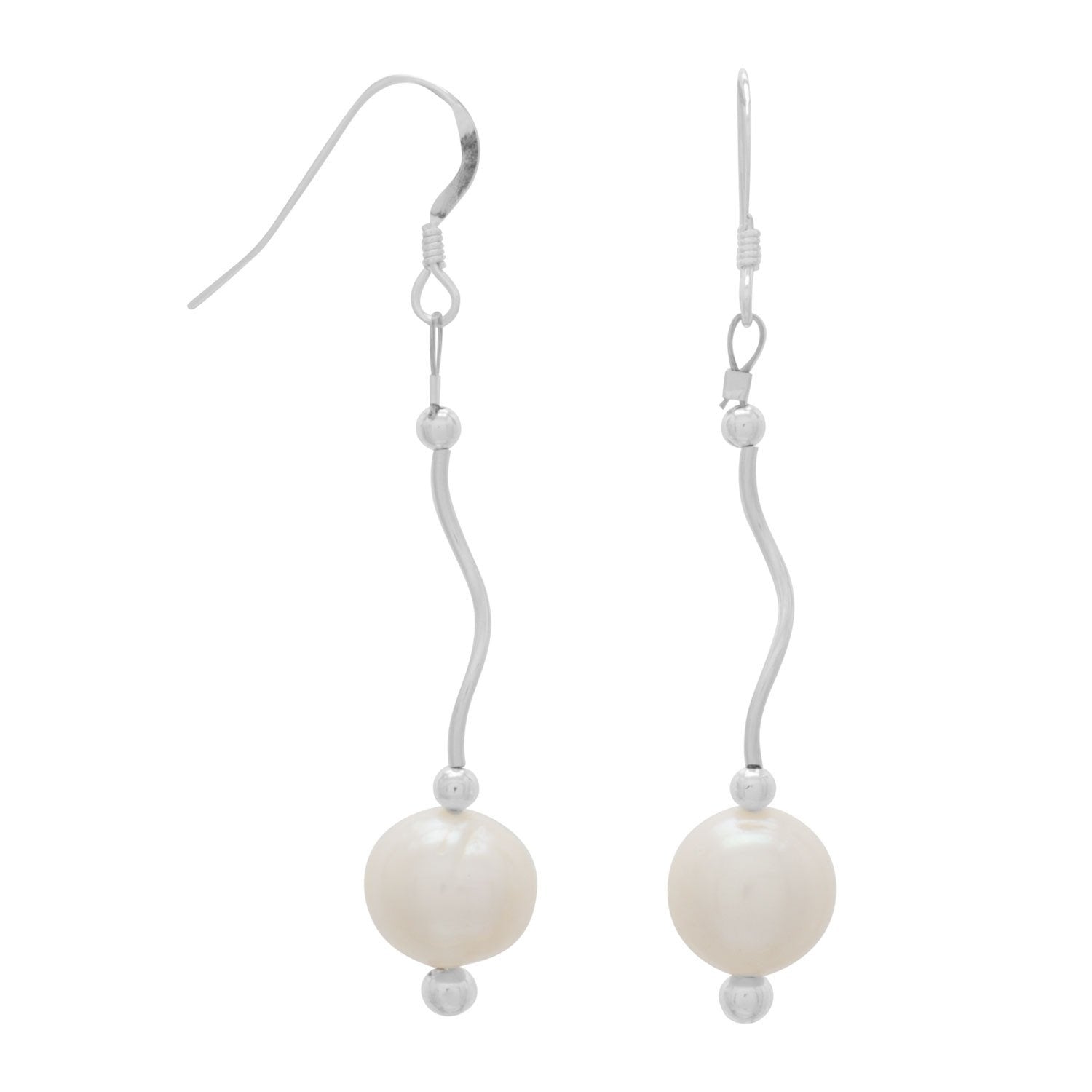 Wave Design Earrings with Cultured Freshwater Pearl Drop - Joyeria Lady