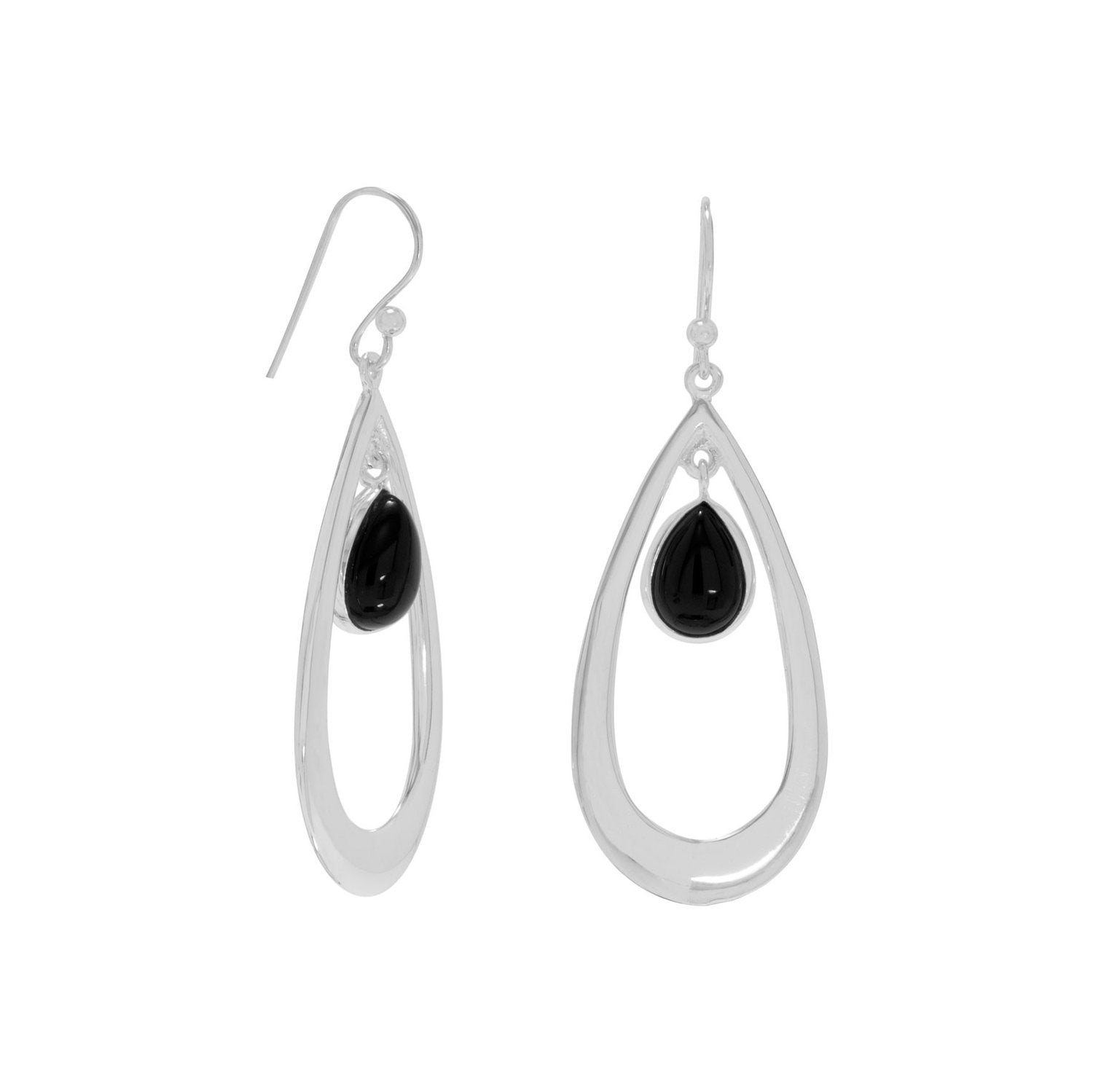 Polished French Wire Earrings with Black Onyx Drop - Joyeria Lady