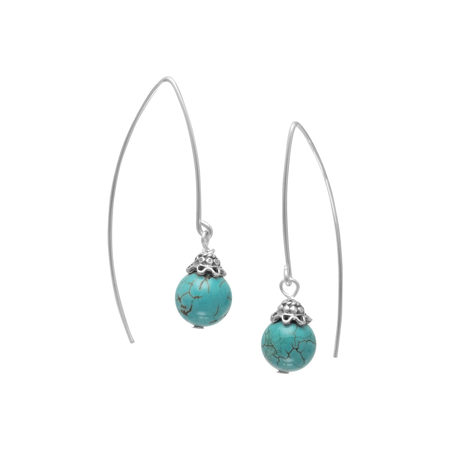 8mm Reconstituted Turquoise Bead Long Wire Earrings - Joyeria Lady