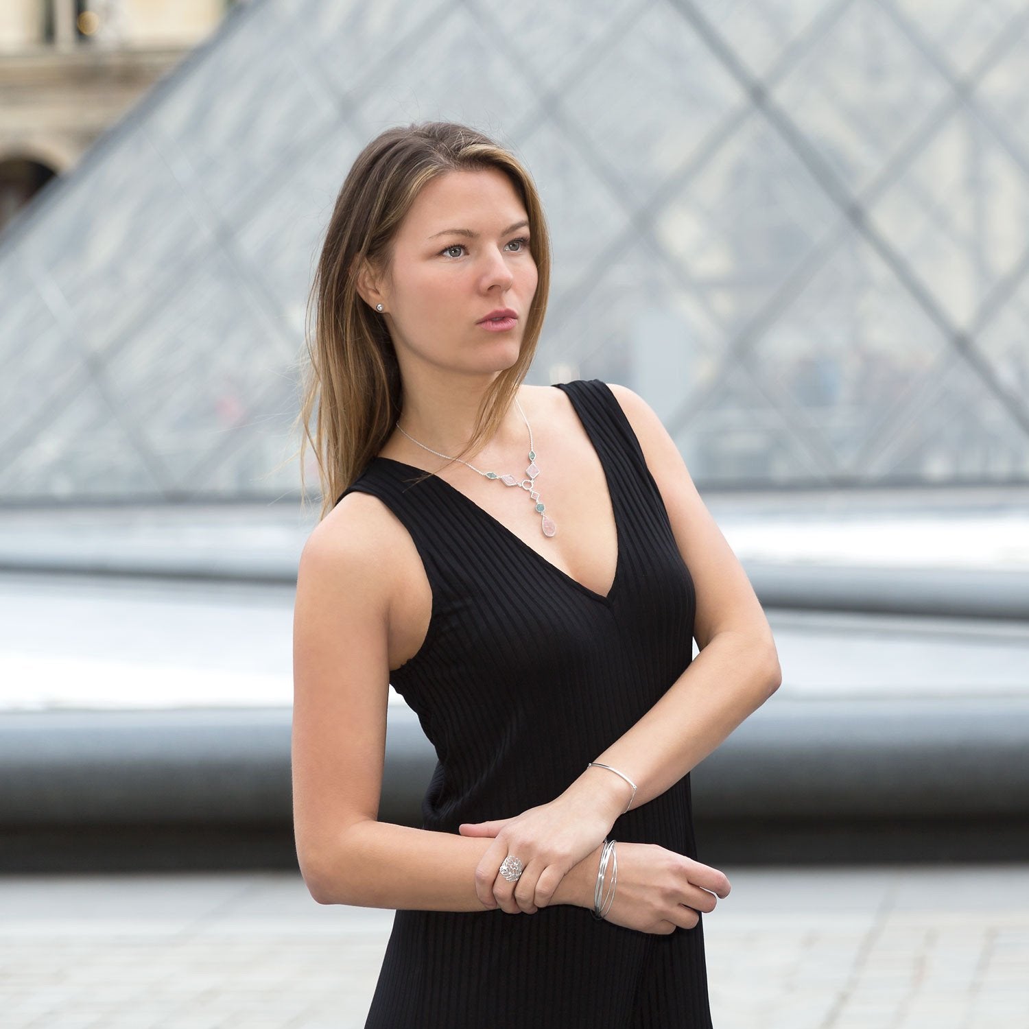 Sterling Silver Aquamarine and Rose Quartz Drop Necklace - Joyeria Lady