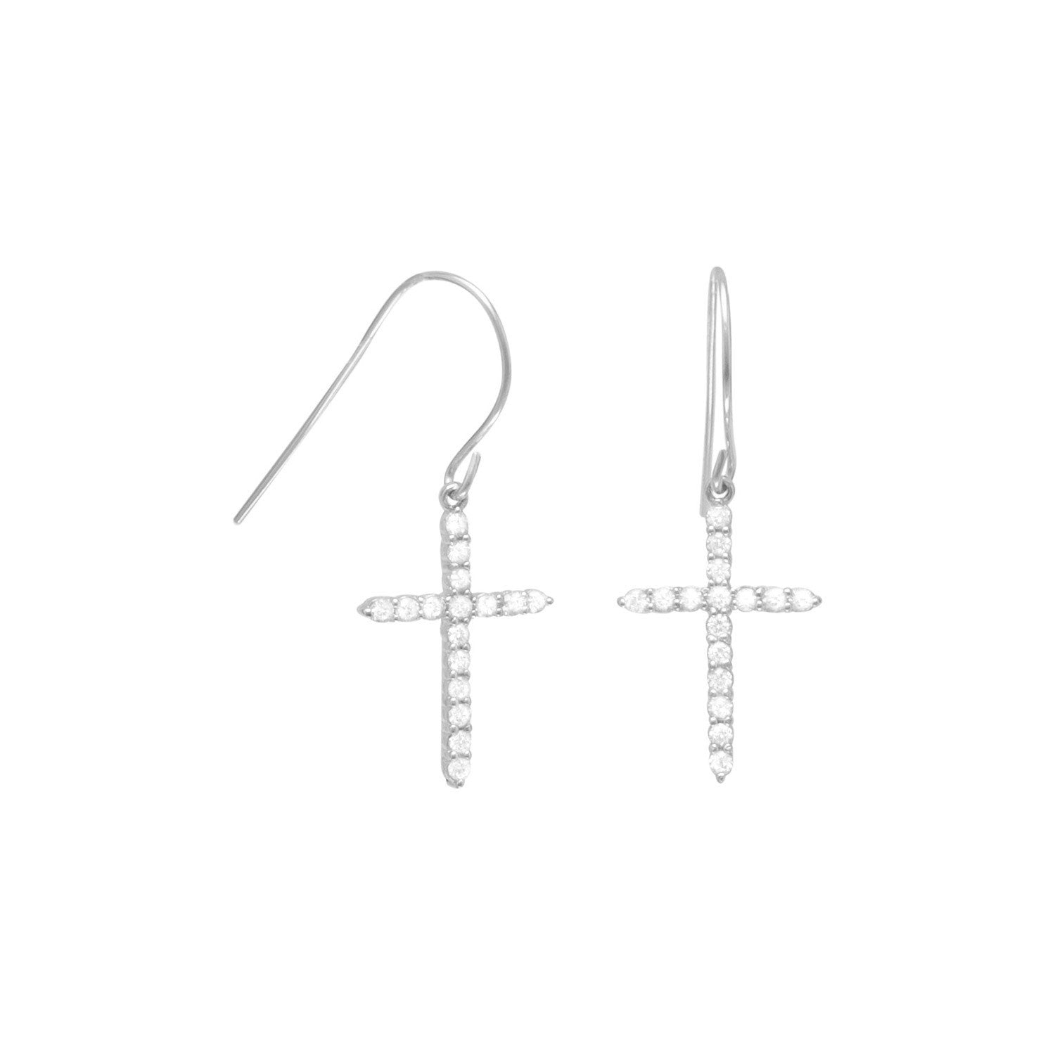 Rhodium Plated CZ Cross Drop Earrings - Joyeria Lady