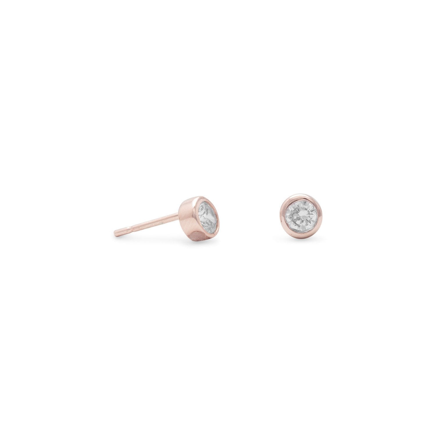 14 Karat Rose Gold Plated Stud Earrings with Bezel Set CZs - Joyeria Lady