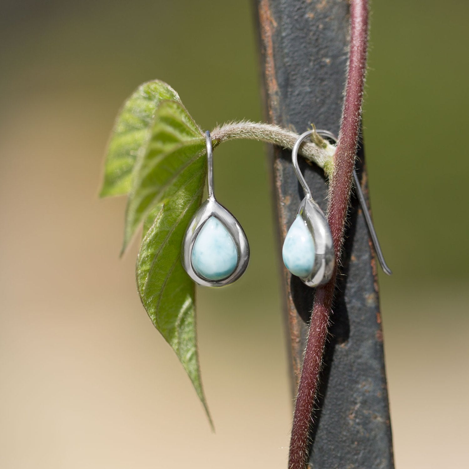Rhodium Plated Pear Shape Larimar Earrings - Joyeria Lady