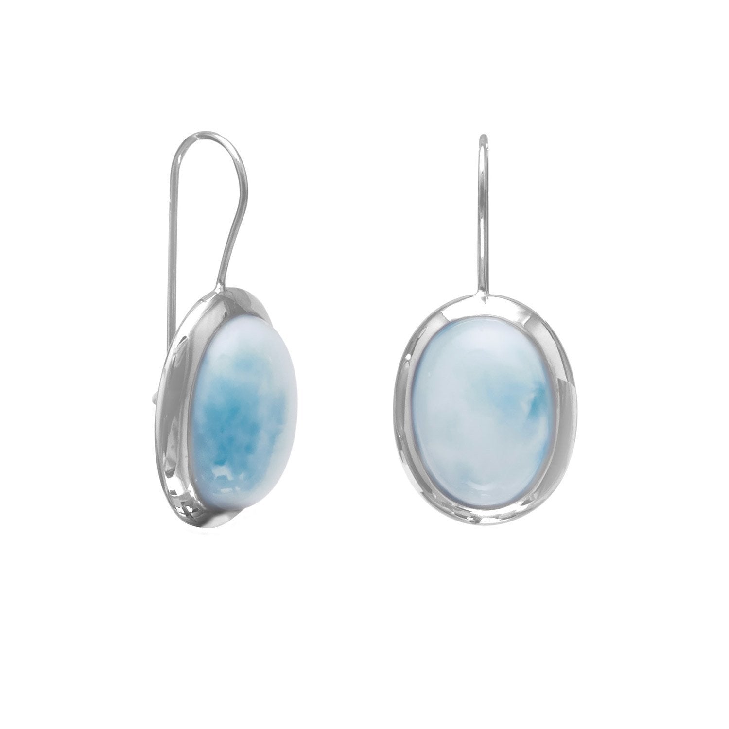 Rhodium Plated Large Oval Larimar Earrings - Joyeria Lady