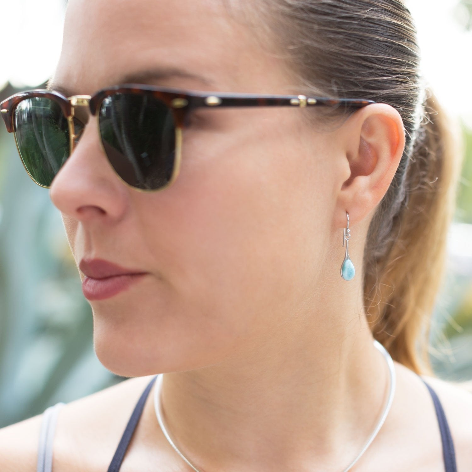 Rhodium Plated Pear Drop Larimar Earrings - Joyeria Lady