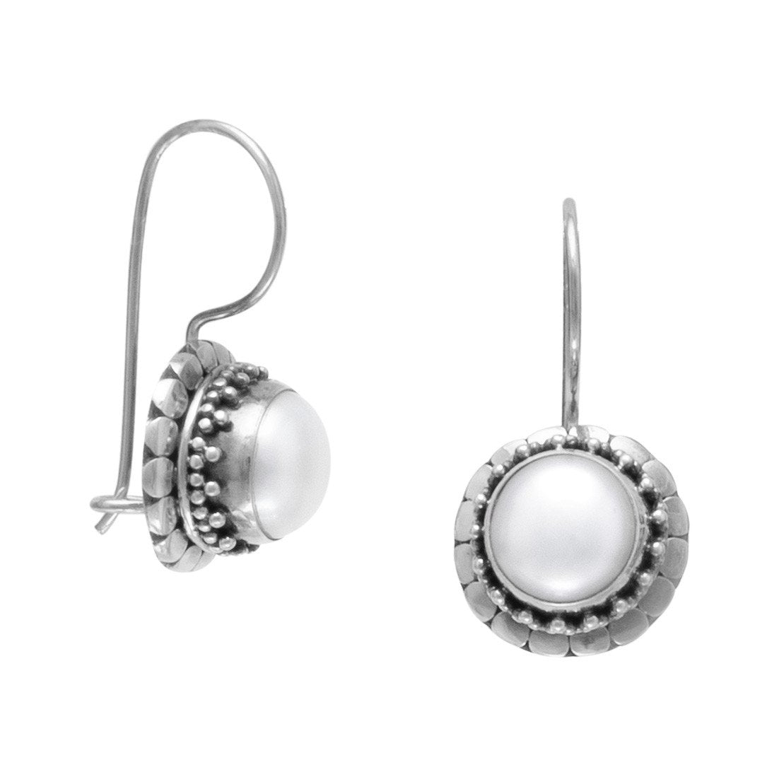 Oxidized Cultured Freshwater Pearl Earrings with Bali Edge - Joyeria Lady