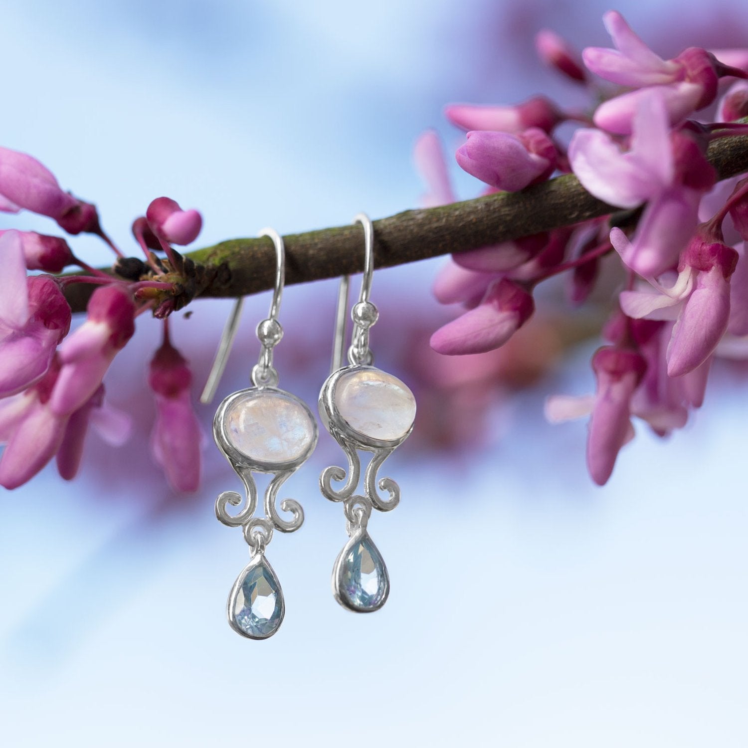 Rainbow Moonstone and Blue Topaz Drop Earrings - Joyeria Lady