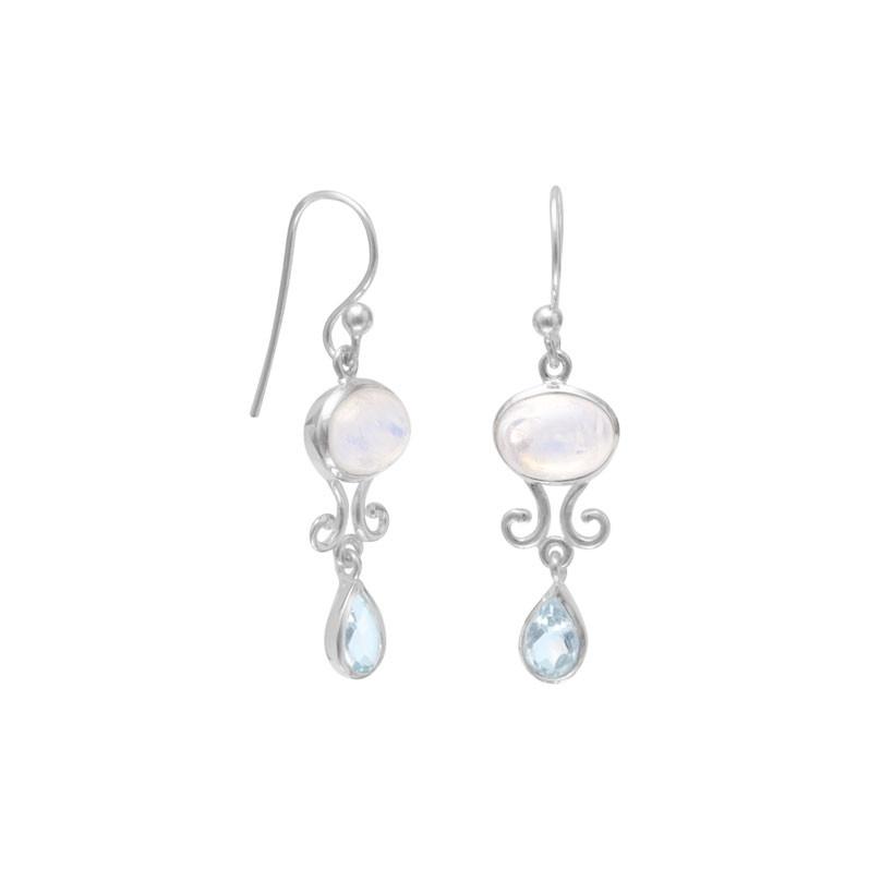 Rainbow Moonstone and Blue Topaz Drop Earrings - Joyeria Lady