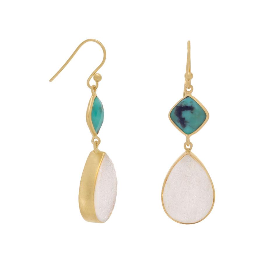 14K Gold Plated Earrings with Stabilized Turquoise and Druzy - Joyeria Lady