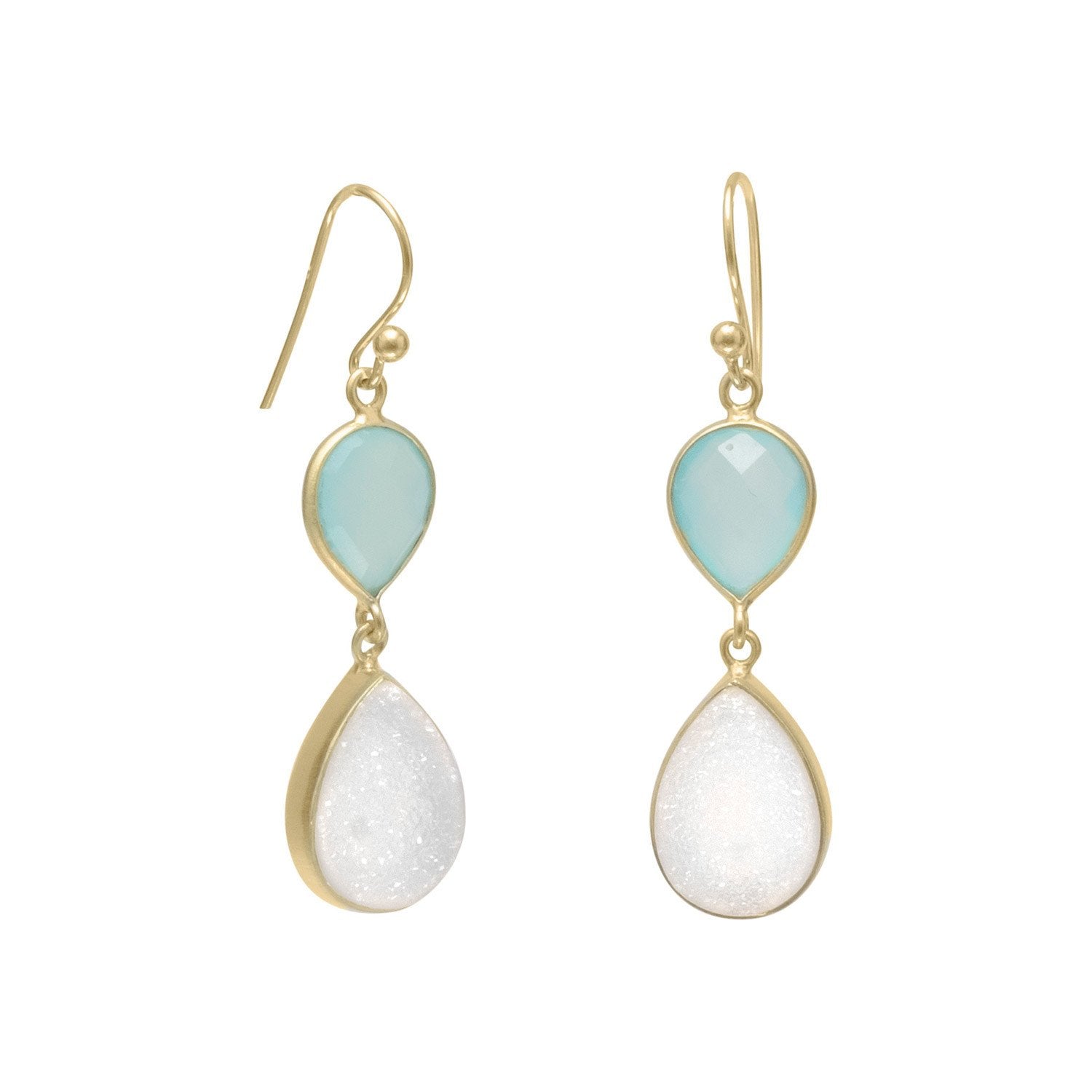 14K Gold Plated Earrings with Green Chalcedony and Druzy - Joyeria Lady