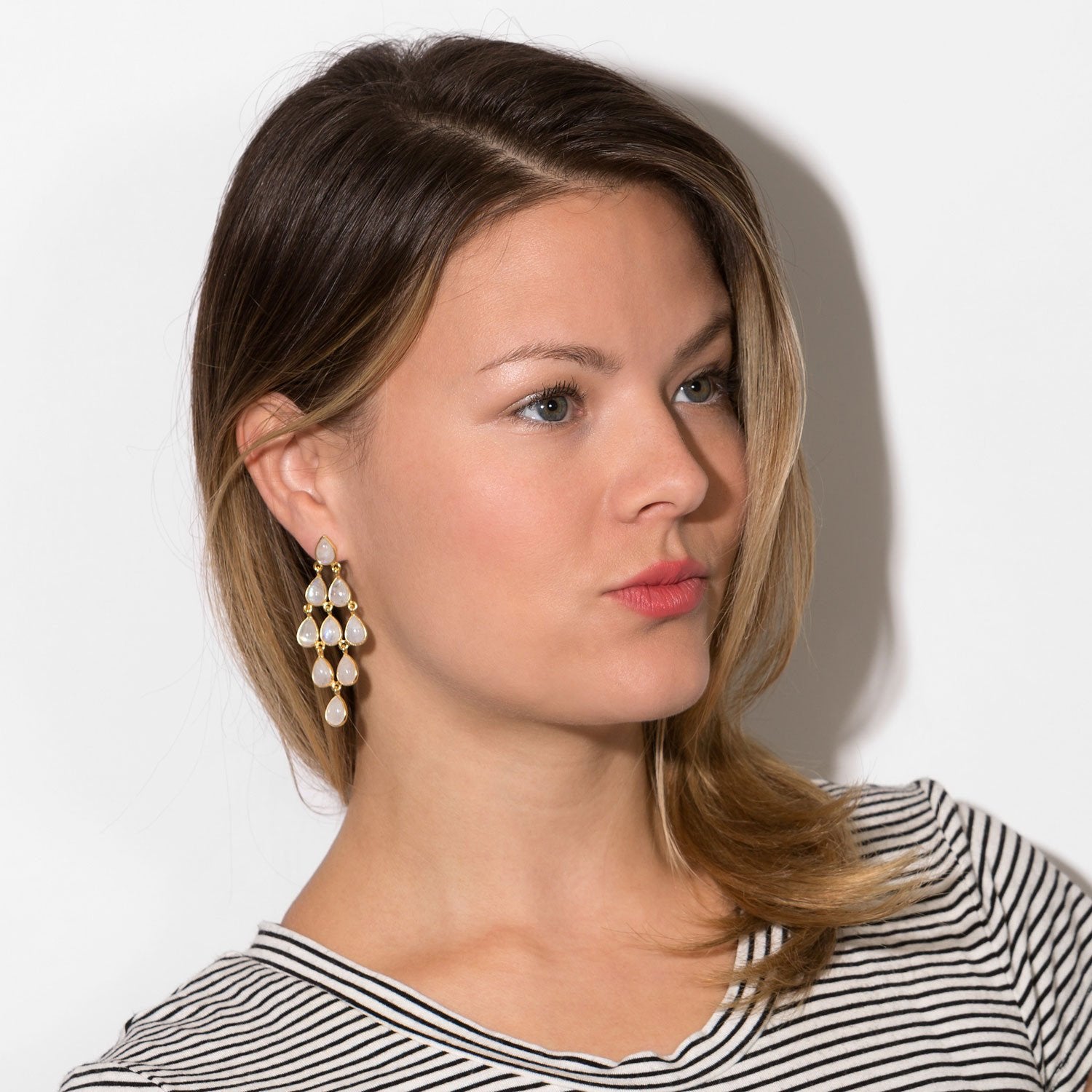 14 Karat Gold Plated Rainbow Moonstone Chandelier Earrings - Joyeria Lady