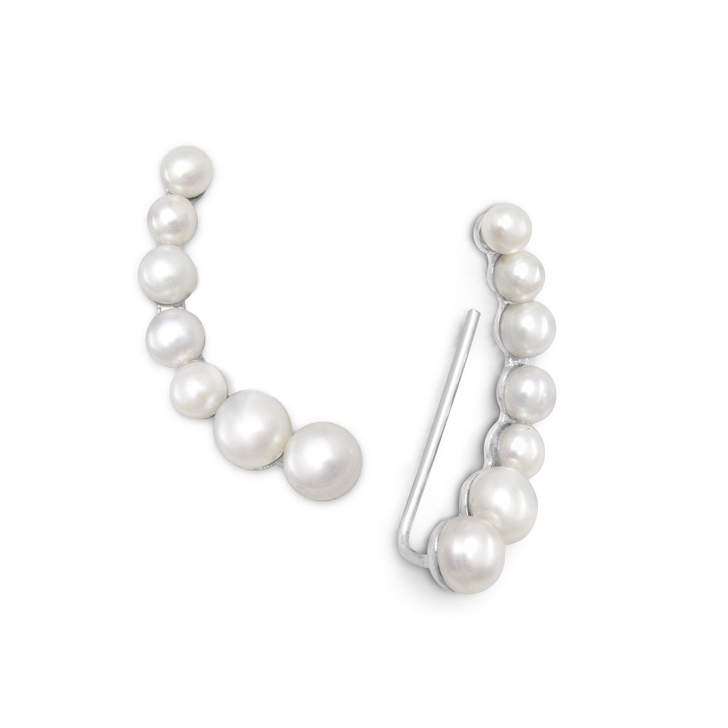 Rhodium Plated Graduated Cultured Freshwater Pearl Ear Climbers - Joyeria Lady