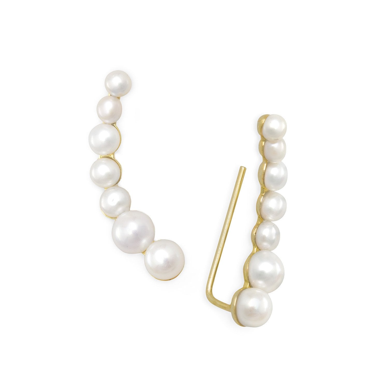 14 Karat Gold Plated Graduated Cultured Freshwater Pearl Ear Climbers - Joyeria Lady
