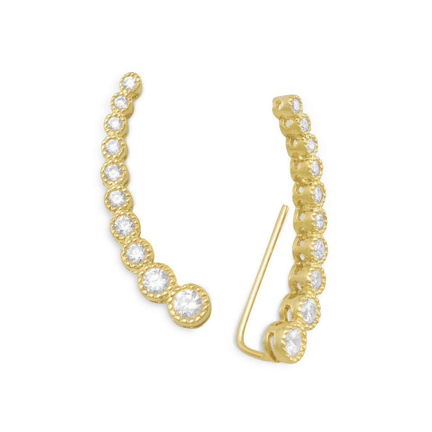 Textured 14 Karat Gold Plated Bezel CZ Ear Climbers - Joyeria Lady