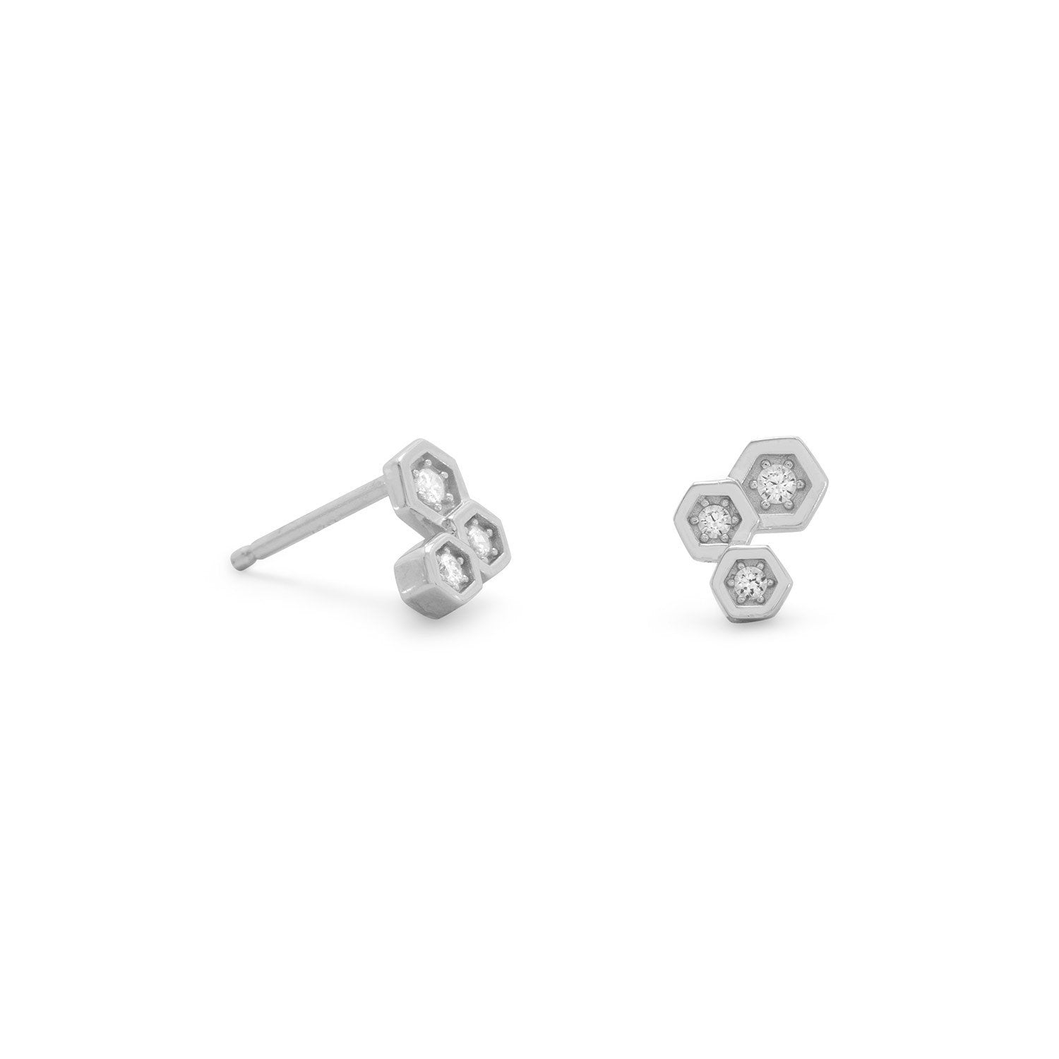 Rhodium Plated CZ Honeycomb Post Earrings - Joyeria Lady