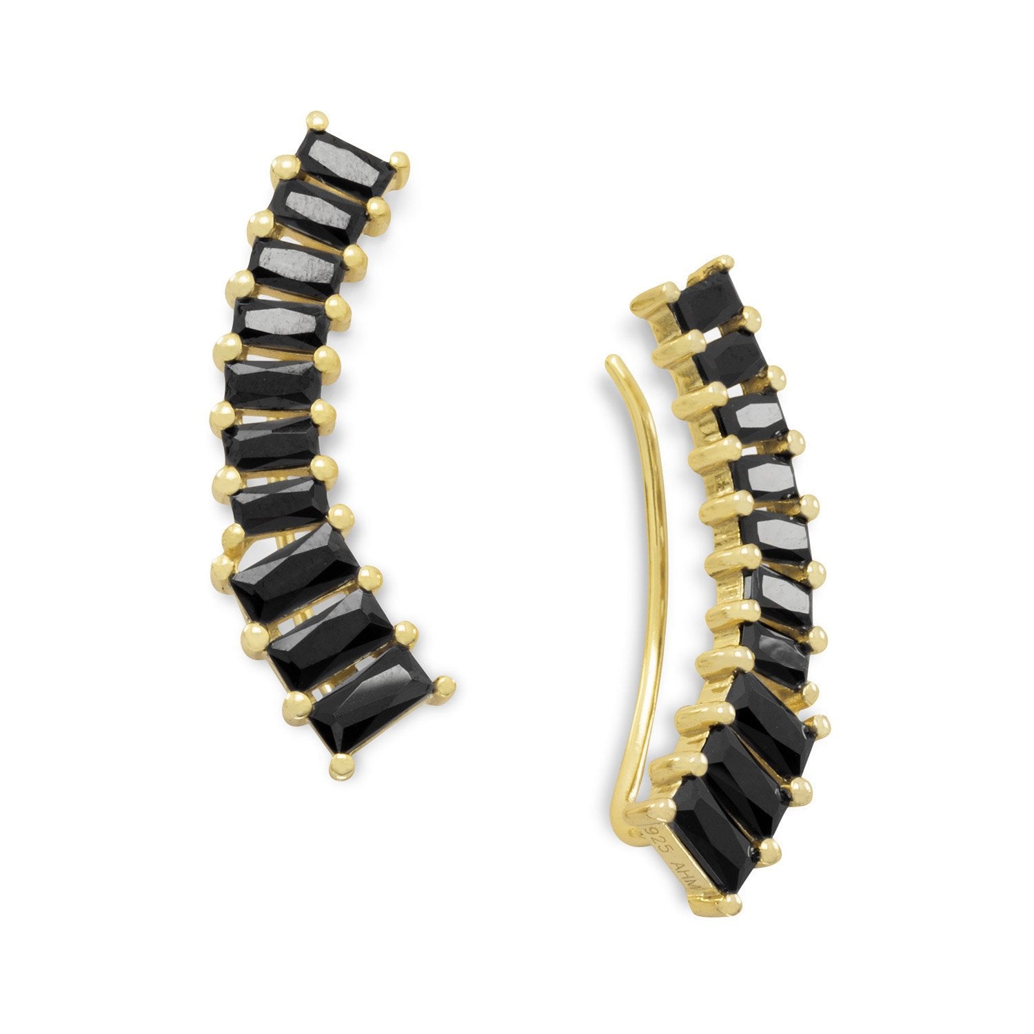 14 Karat Gold Plated Ear Climbers with Black CZs - Joyeria Lady