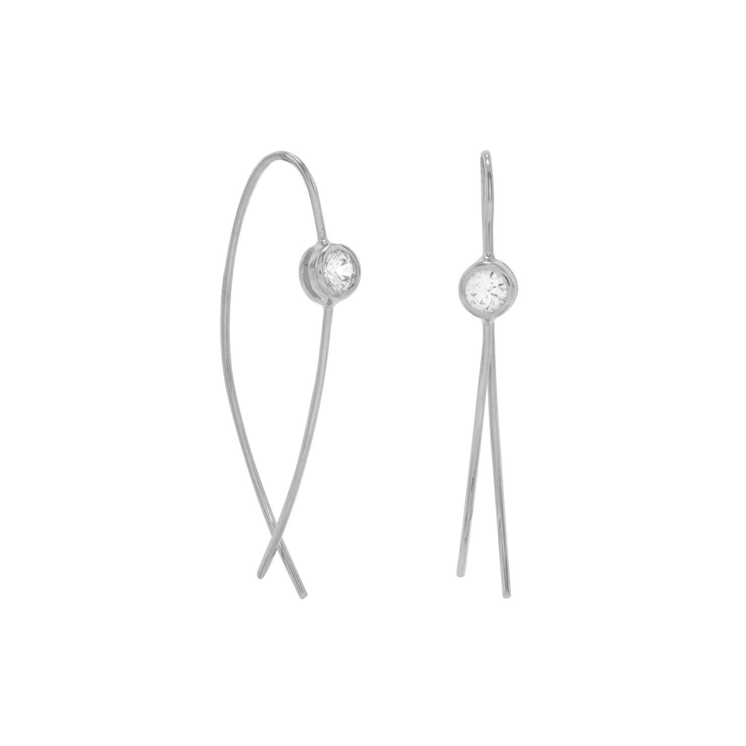 Rhodium Plated Thin Wire with Bezel CZ Earrings - Joyeria Lady
