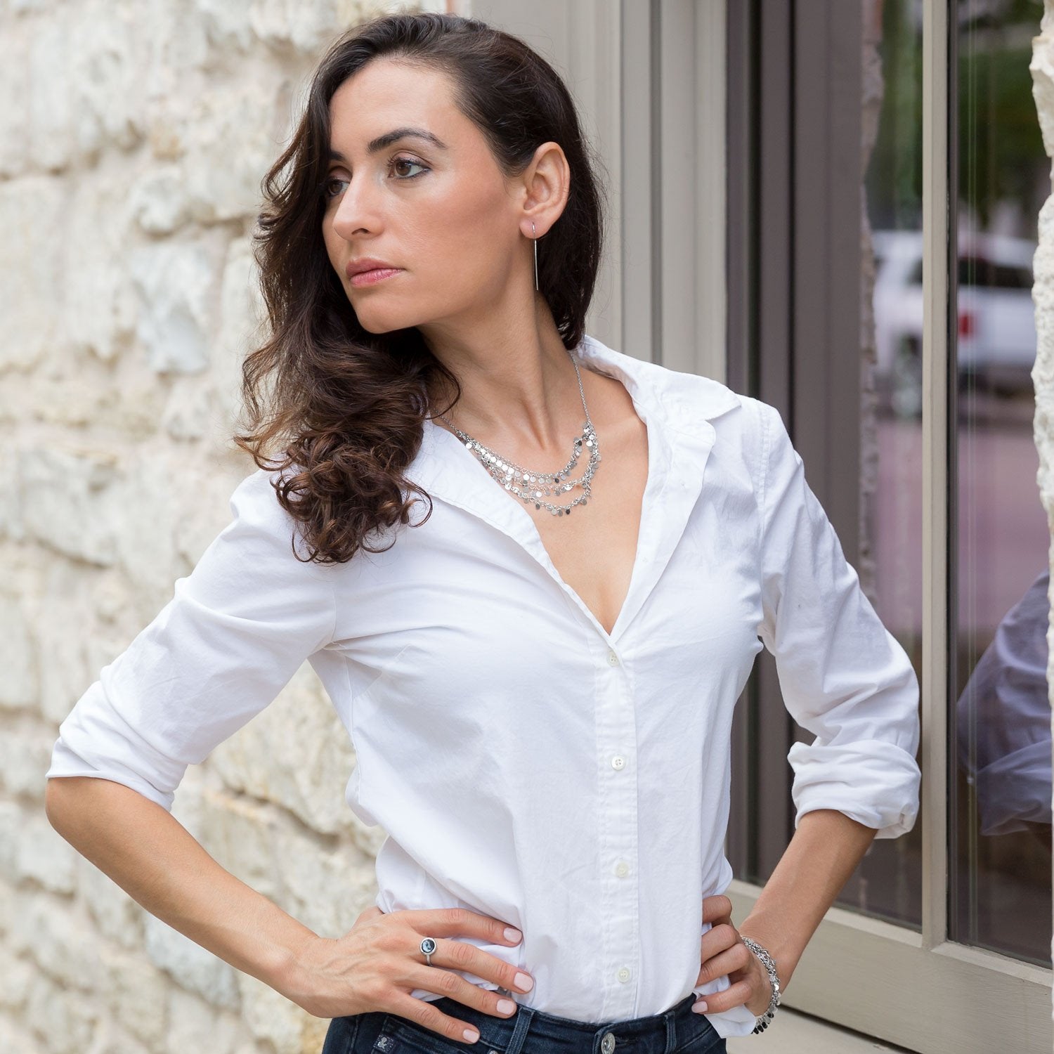 Rhodium Plated Flat Long Wire Earrings - Joyeria Lady