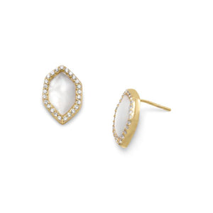 14 Karat Gold Plated Mother of Pearl and CZ Halo Earrings - Joyeria Lady