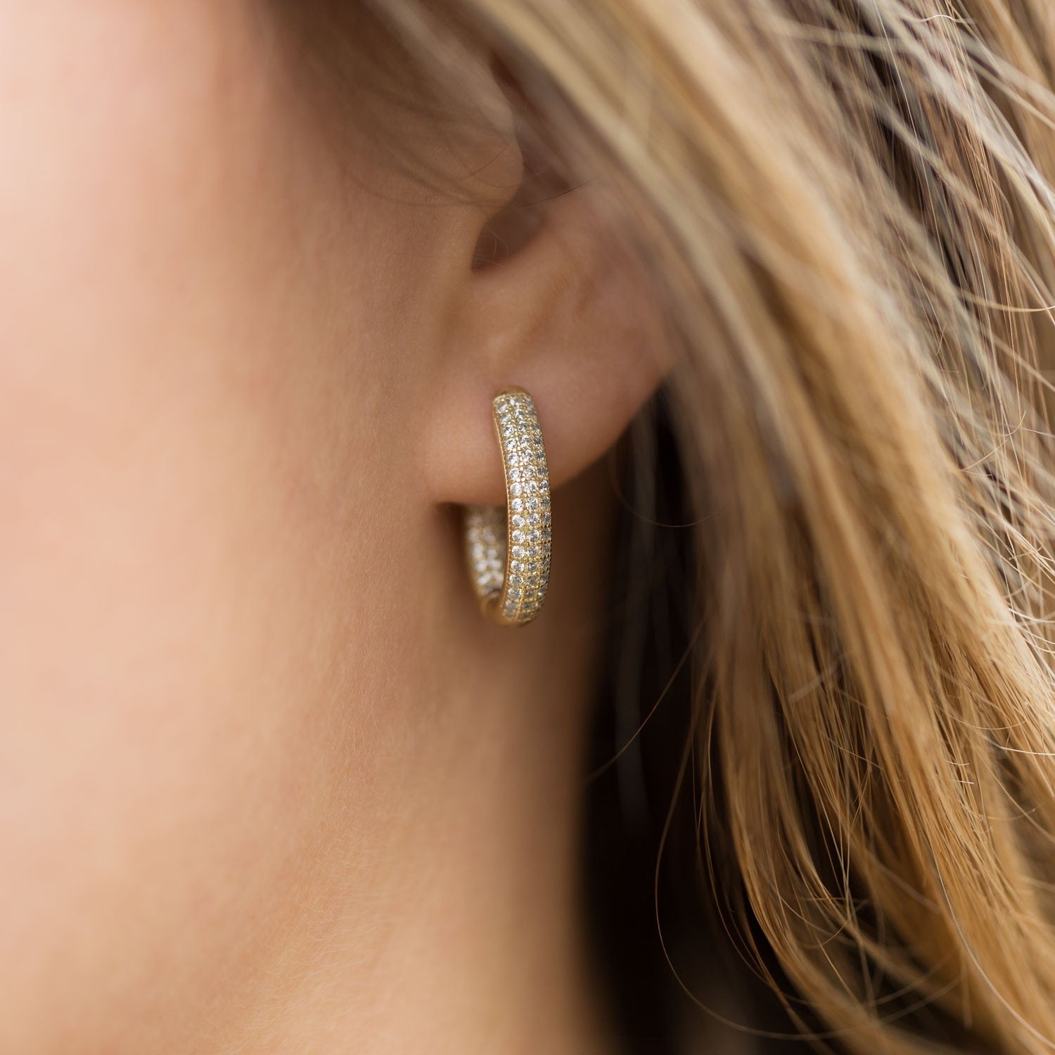 14 Karat Gold Plated CZ In/Out Hoop Earrings - Joyeria Lady