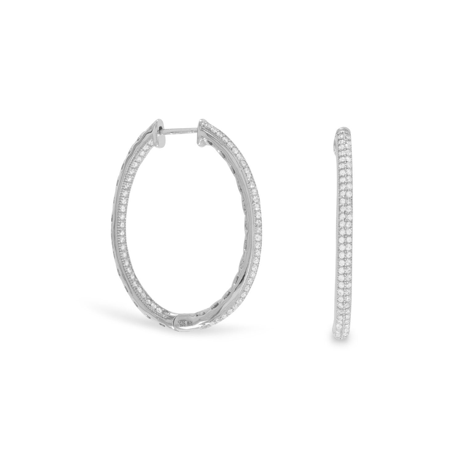 Rhodium Plated CZ In/Out Hoop Earrings - Joyeria Lady