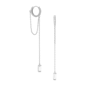 Rhodium Plated CZ Hoop Earrings with Chain Drop - Joyeria Lady