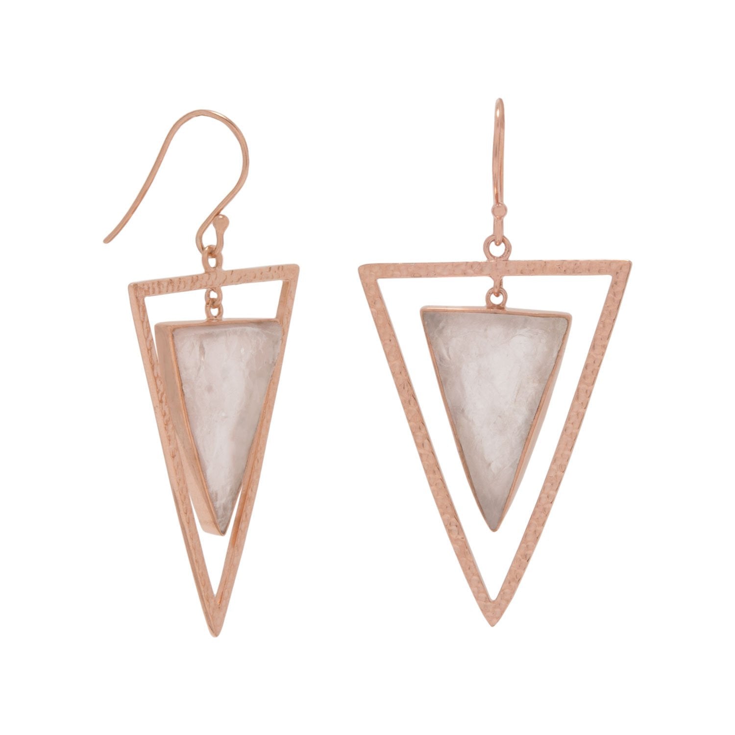 14 Karat Rose Gold Plated Rose Quartz Triangle Earrings - Joyeria Lady