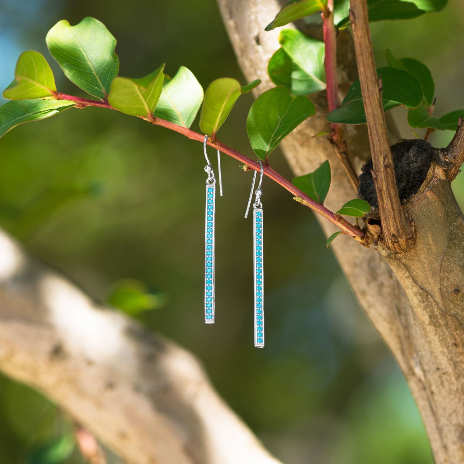 Rhodium Plated Nano Turquoise Bar Earrings - Joyeria Lady