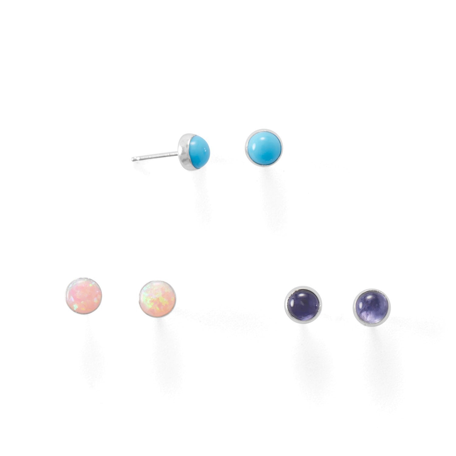Set of 3 Synthetic Pink Opal, Reconstituted Turquoise, and Iolite Button Studs - Joyeria Lady
