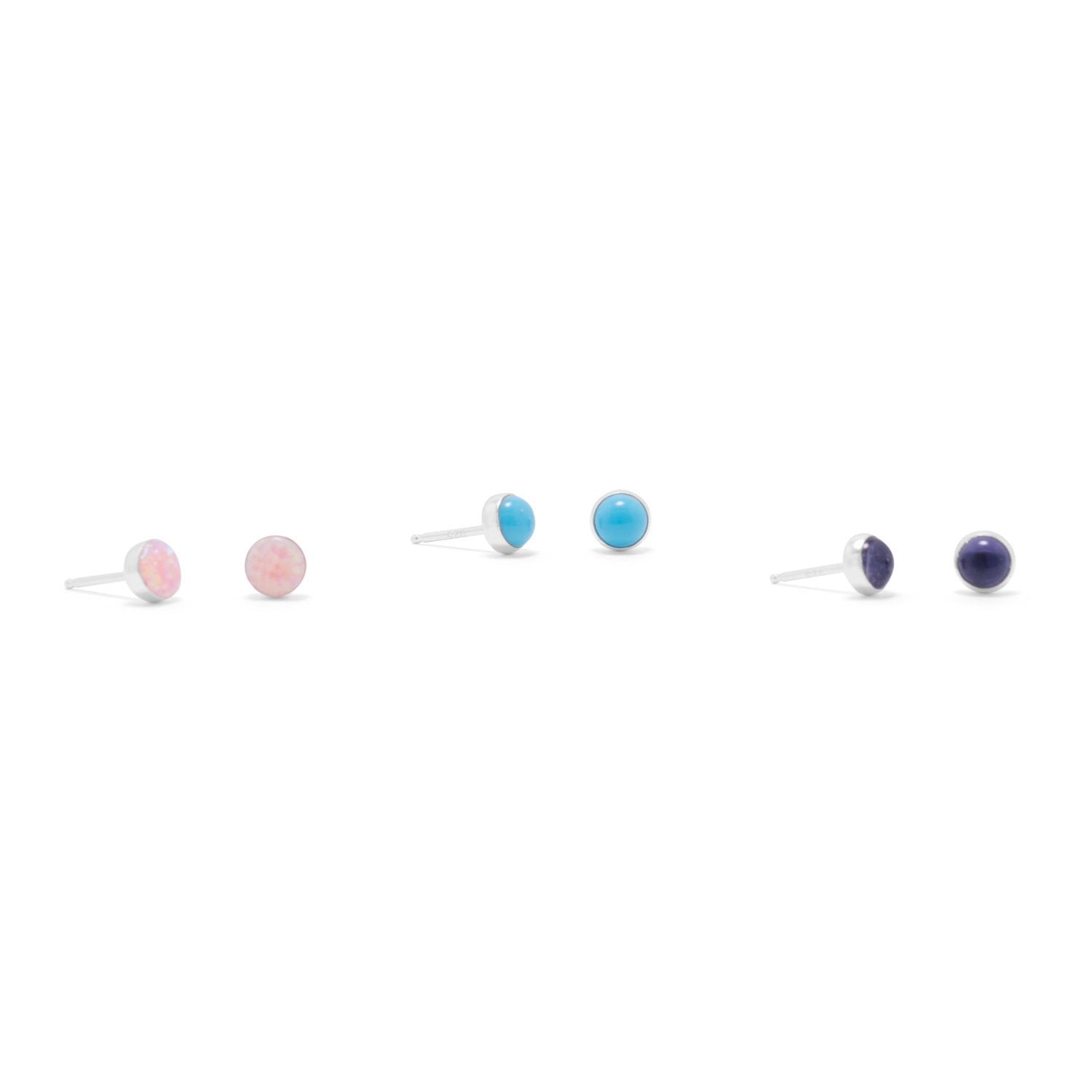 Set of 3 Synthetic Pink Opal, Reconstituted Turquoise, and Iolite Button Studs - Joyeria Lady
