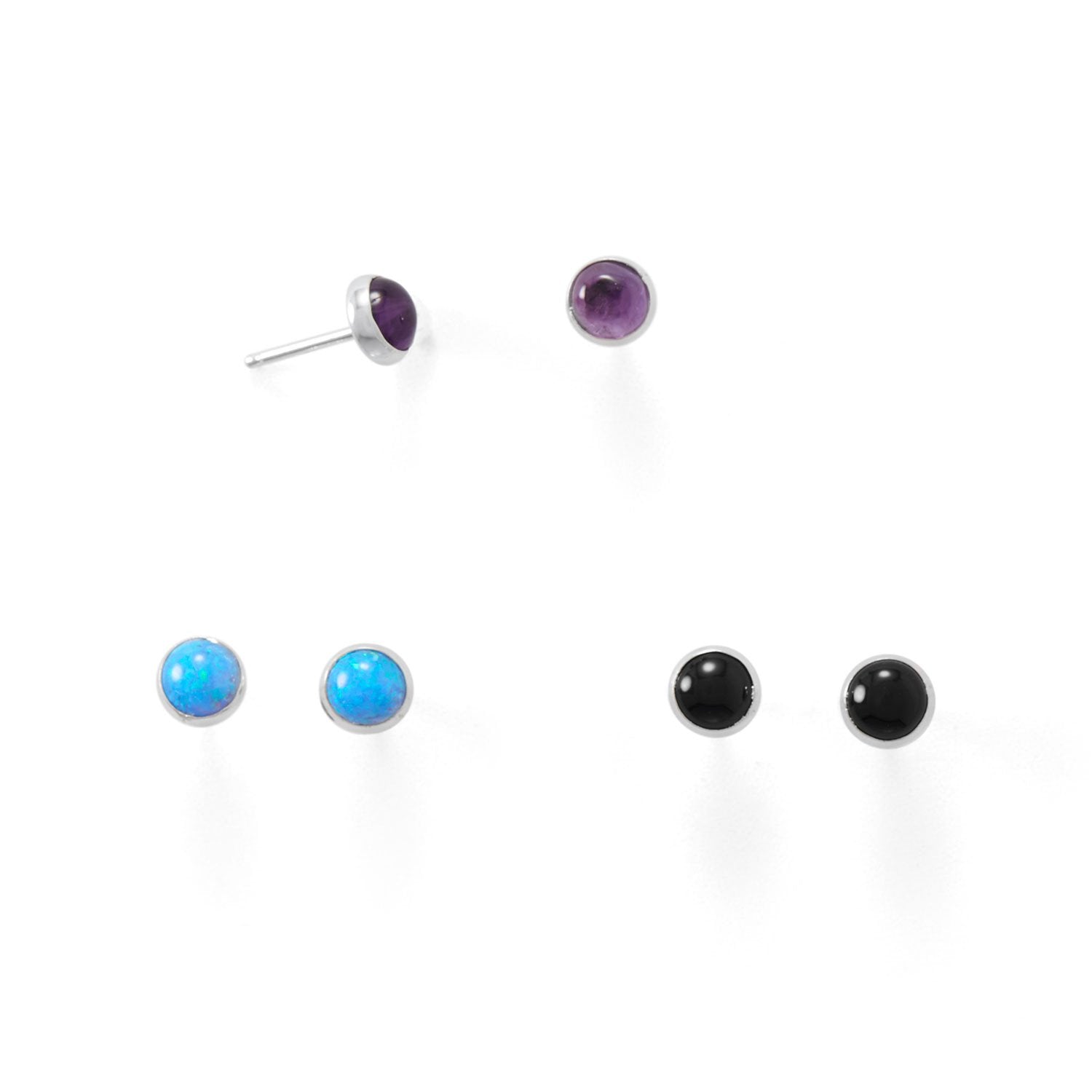 Set of 3 Synthetic Blue Opal, Amethyst, and Black Onyx Button Studs - Joyeria Lady